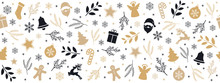 Christmas Icon Elements Golden Black Border Pattern Isolated White Background.