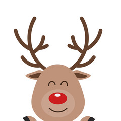 Sticker - Reindeer red nosed cute cartoon with santa hat on white isolated background. Christmas card