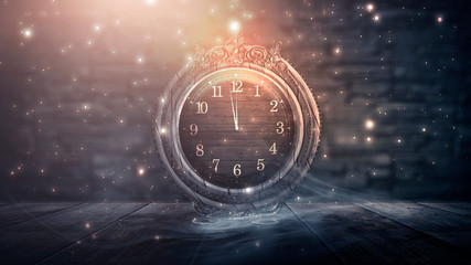 Wall Mural - dark abstract scene with a vintage clock on an old brick wall in a dark room. night view, smoke, mag