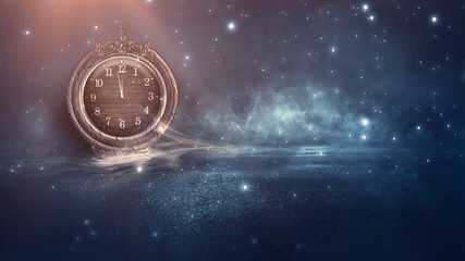 Wall Mural - dark abstract scene with a vintage watch. night landscape, snow, smoke, magic fantasy with a clock.