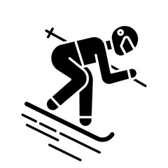 Poster - Skiing glyph icon. Winter extreme sport, risky activity and adventure. Cold seasonal outdoor dangerous leisure and hobby. Silhouette symbol. Negative space. Vector isolated illustration