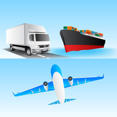 Poster - Logistics concept illustration, airplane, truck, train and cargo container ship.