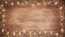 Frame Of Lights Bokeh Flares And Sparkler Isolated On Rustic Brown Wooden Wood Table Texture - Holiday New Year's Eve Sylvester New Year 2022 Background Banner  