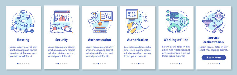 Mobile software development onboarding mobile app page screen with linear concepts. Service orchestration walkthrough steps graphic instructions. UX, UI, GUI vector template with illustrations