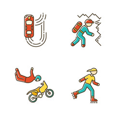 Poster - Extreme sports color icons set. Auto racing. Drifting car. Caving, potholing. Spelunking. Motorcycle stunt riding. Freestyle motocross. Inline skating, rollerblading. Isolated vector illustrations