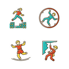 Poster - Extreme sports color icons set. Parkour, traversing obstacles. Zorbing, globe-riding. Slacklining, balance training. Abseiling, rappelling. Alpinism, mountaineering. Isolated vector illustrations