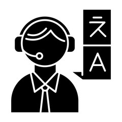 Poster - Translation services glyph icon. Professional interpreter. Translation agency worker in headphones. Consecutive interpretation. Silhouette symbol. Negative space. Vector isolated illustration