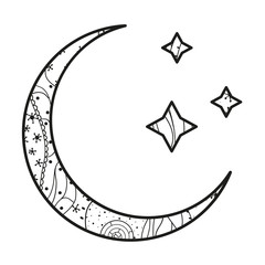 Wall Mural - Crescent moon and stars with abstract patterns on isolation background. Design for spiritual relaxation for adults. Line art creation. Black and white illustration for anti stress colouring page