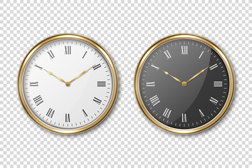 Vector 3d Realistic Classic Metal Golden Wall Office Clock Icon Set Closeup Isolated on Transparent Background. White and Black Dial with Roman Numeral. Design Template for Mockup. Front or Top View