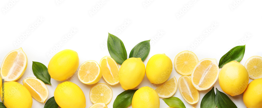 Ripe lemons on white background - obrazy, fototapety, plakaty 