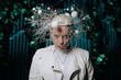 © goldeneden - unusual man wearing a strange hat. space headdress in the form of balls and planets for freak parties
