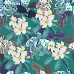 Wall Mural - Plumeria and Cananga flower seamless pattern on purple background