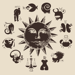 Poster - Vector circle of the funny and scary Zodiac signs in retro style with Sun. Horoscope circle with twelve symbols for astrological forecasts