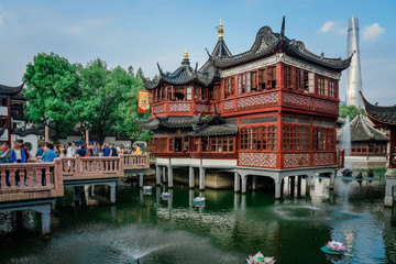 Shanghai, China view at the traditional Yuyuan Garden District at blue sky cloudy