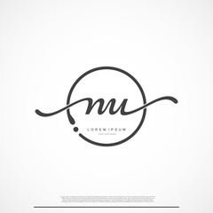 Elegant Signature Initial Letter NU Logo With Circle.
