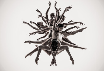 The group of modern ballet dancers like a tree. Contemporary art ballet. Young flexible athletic people in tights. Copyspace. Concept of dance grace, inspiration, creativity. Made of shots of 5 models