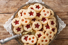 Linzer Cookies With Jam On A Plate. Traditional Austrian Biscuits Filled. Horizontal Top View