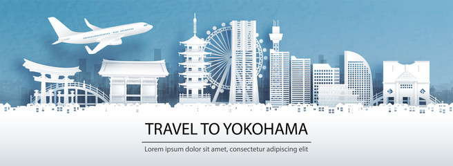Fototapete - Travel advertising with travel to Yokohama concept with panorama view city skyline and world famous landmarks of Japan in paper cut style vector illustration.