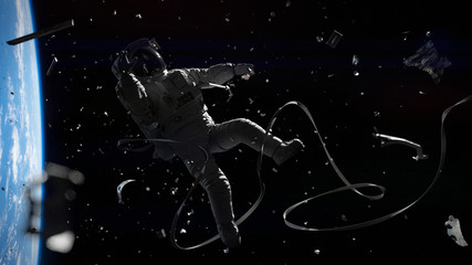 Wall Mural - astronaut hit by space debris storm in orbit of planet earth