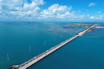 Aerial view of famou bridge and islands in the way to Key West, Florida Keys, United States. Great landscape. Vacation travel. Travel destination. Tropical scenery.