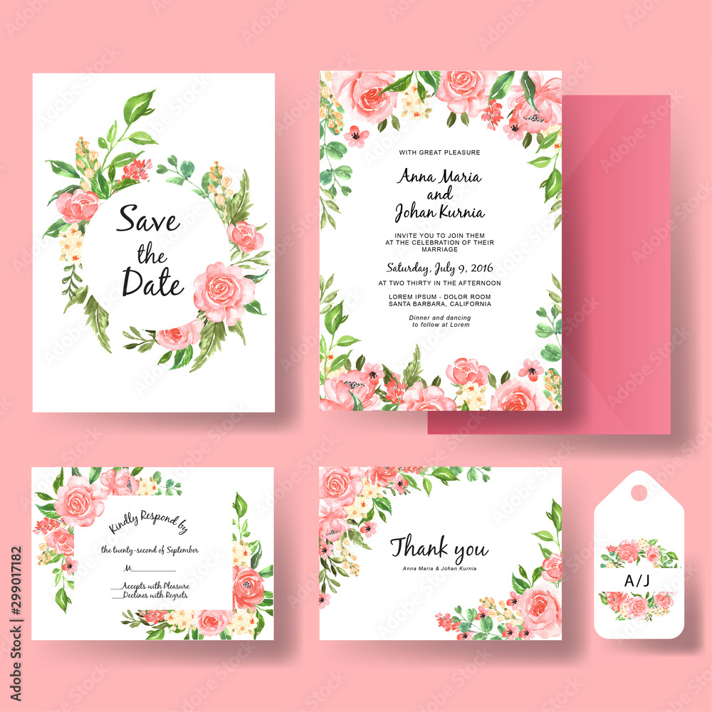 Beautiful rose pink watercolor frame wedding invitation card template ...
