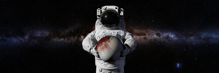 Wall Mural - astronaut holding dwarf planet pluto, world of the solar system