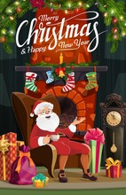 Santa Claus, Christmas Fireplace And Xmas Gifts