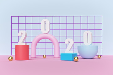 Poster - 2020 Numbers in abstract geometric elements background. trendy design in pastel colors. minimal new year concept. 3d rendering