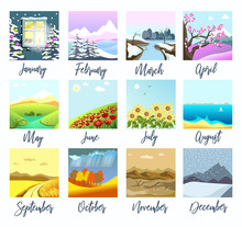 Nature Landscapes, Four Seasons Months Calendar Isolated Icons