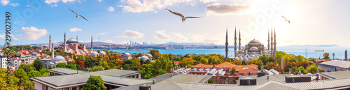 Fotomural The Blue Mosque, The Hagia Sophia and the Istanbul roofs, beautiful sunny panora