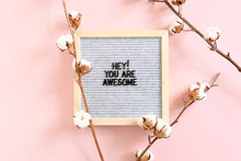 Cotton Branches And Letterboard With Quote Hey You Are Awesome