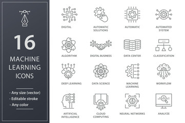 Aufkleber - Machine learning line icons set. Black vector illustration. Editable stroke.