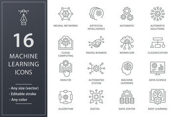 Canvas Print - Machine learning icons set. Black vector illustration. Editable stroke.