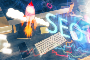 Poster - Multi exposure of table with computer and seo drawing hologram. Search optimization concept.
