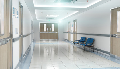 Wall Mural - Long hospital bright corridor with rooms and seats 3D rendering