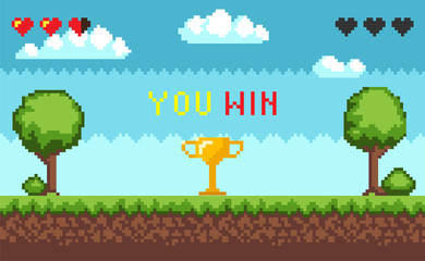 computer pixel game interface, text you win over golden trophy goblet. arcade game world and pixel s