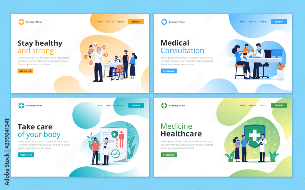 Set of web page design template for medical consultation, medical support, healthcare and service. Illustration for website and mobile website development - obrazy, fototapety, plakaty 