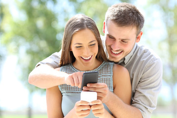 Wall Mural - Couple sharing smart phone content in a park