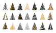 Hand drawn doodle christmas tree set. Gold silver color sketch style holiday trees. New year vector symbol. Simple artistic line stroke. Many group silhouette decor icons isolated on white background