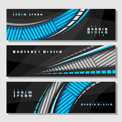 Wall Mural - Vector set of horizontal futuristic Banners, 3 layouts for website headers with geometric abstract pattern and copy space for advertising text, design templates with dark background for presentation.