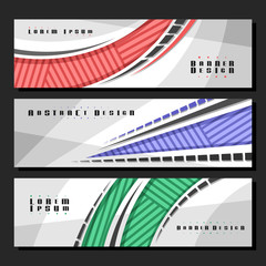 Wall Mural - Vector set of horizontal futuristic Banners, 3 layouts for website headers with geometric abstract pattern and copy space for advertising text, design templates with gray background for presentation.