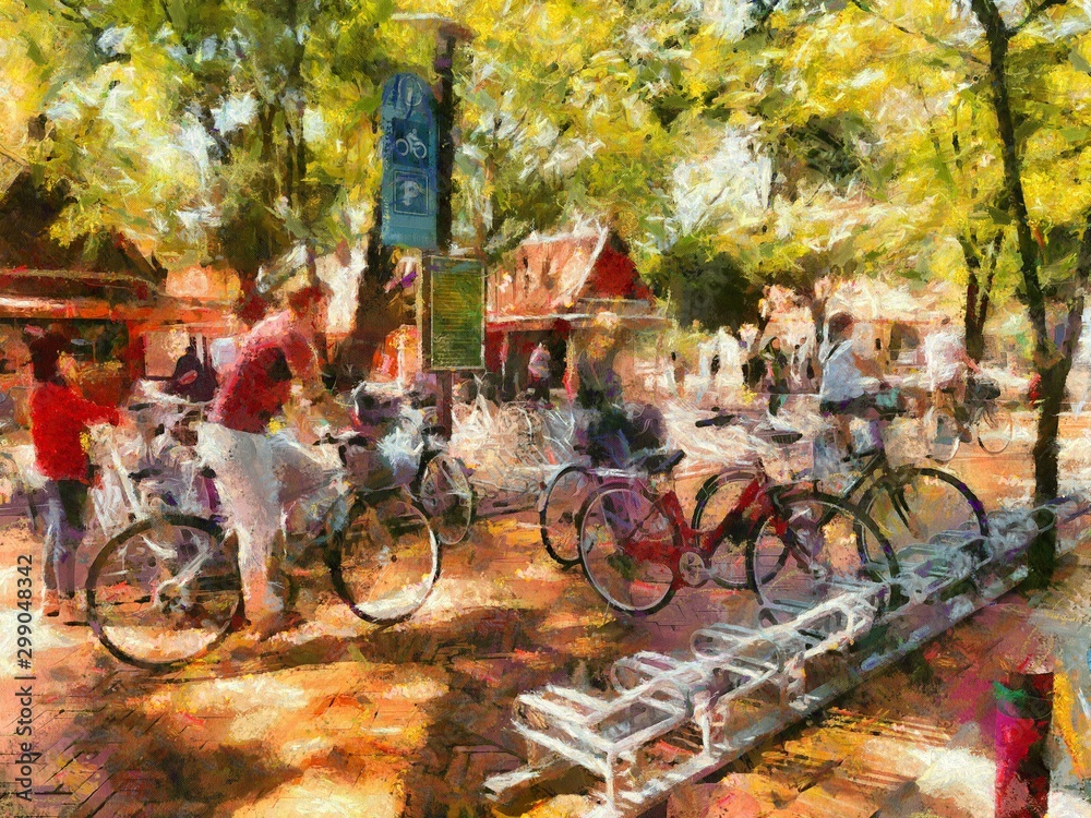 Public bicycle parking in the park Illustrations creates an impressionist style of painting. - obrazy, fototapety, plakaty 