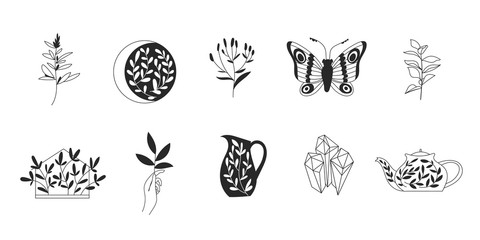 Logo templates in doodle line art and silhouette design with nature elements.