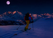 Scenic night backcountry ski panorama sunset landscape of Crans-Montana range in Swiss Alps mountains with peak in background, Verbier, Switzerland.