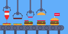 Food Conveyor Line Burger Production Process Robotic Technology Vector Illustration