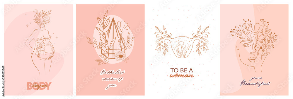 Set of motivation and inspiration posters with abstract leaf and flower elements, woman body and girl portrait in one line style. Illustration in minimalistic style. Editable vector illustration - obrazy, fototapety, plakaty 