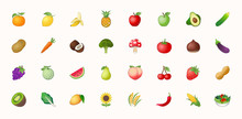 Fruits Vector Icons Set. Fruits Are Apple, Lemon, Banana, Orange, Pear, Pineapple, Grapes, Cherries, Strawberry, And Blueberries Emojis Collections