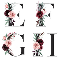 Wall Mural - Alphabet, letters E, F, G, H with watercolor flowers and leaf hand painting. Floral monogram initials perfectly for wedding invitation, greeting card, logo, poster and other design. 