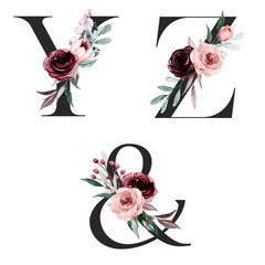 Wall Mural - Alphabet, letters Y, Z, & with watercolor flowers and leaf hand painting. Floral monogram initials perfectly for wedding invitation, greeting card, logo, poster and other design. 