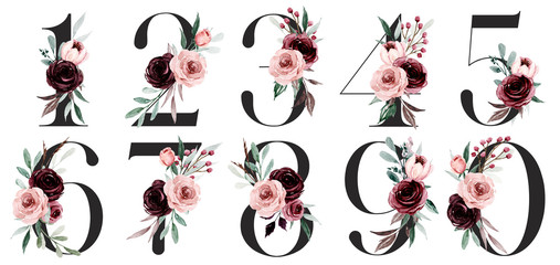 Poster - Numbers set with watercolor flowers roses hand painting. Perfectly for anniversary, wedding invitation, greeting card, logo, poster and other floral design. Isolated on white background.